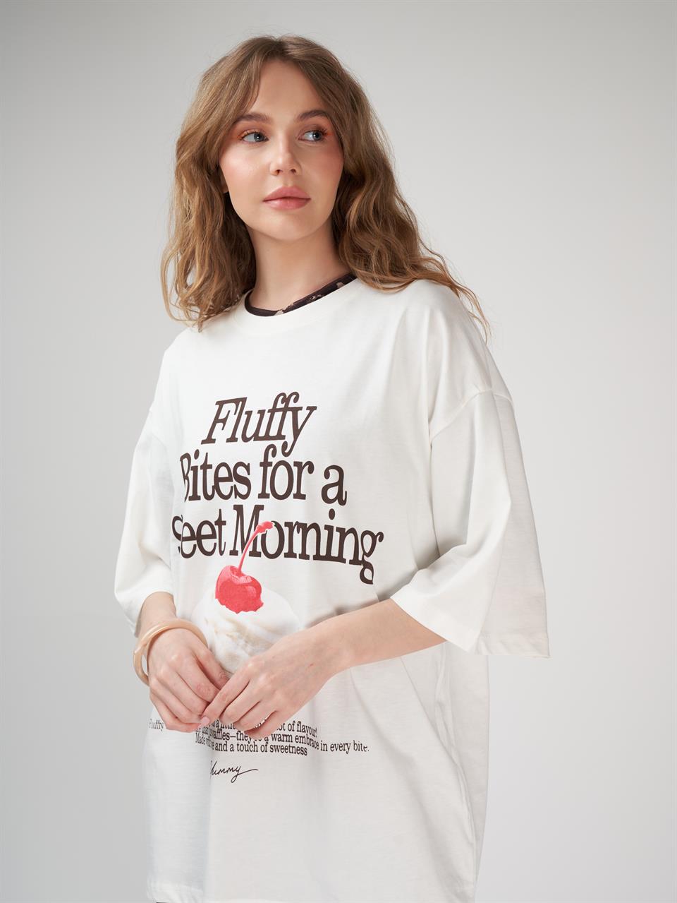 Baskılı Kısa Kol Oversize T-shirt Ekru