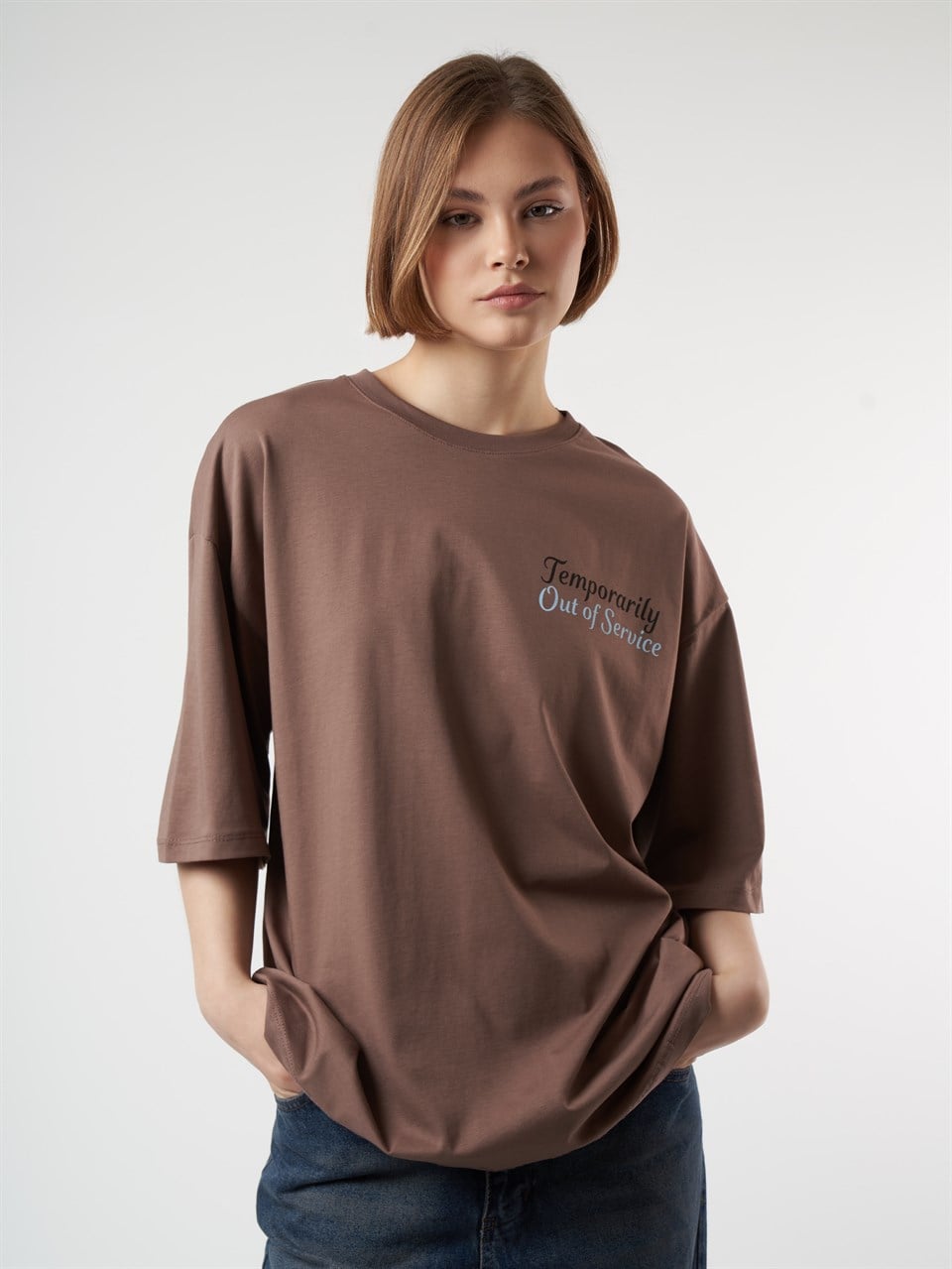 Baskılı Kısa Kol Oversize T-shirt Fındık