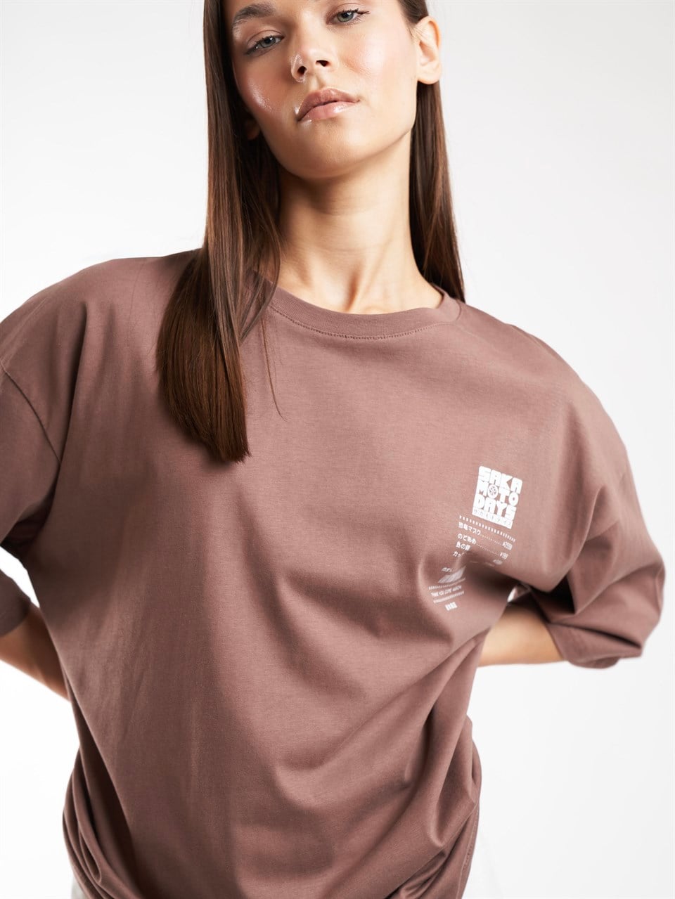 Baskılı Kısa Kol Oversize T-shirt Fındık