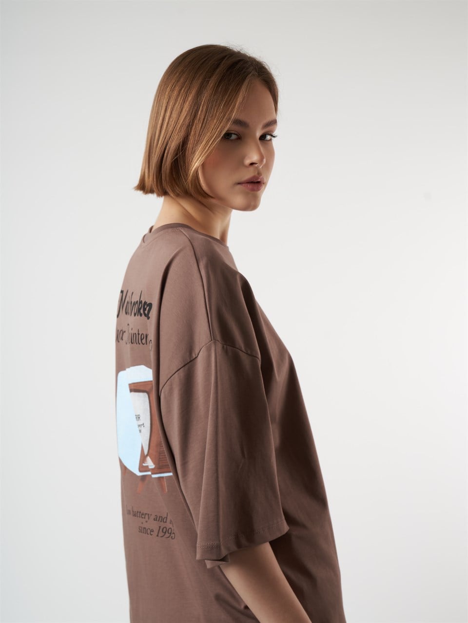 Baskılı Kısa Kol Oversize T-shirt Fındık
