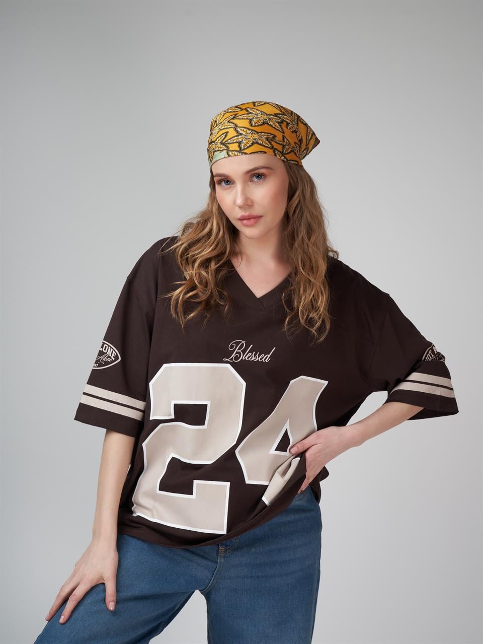 Baskılı Kısa Kol Oversize T-shirt Kahve