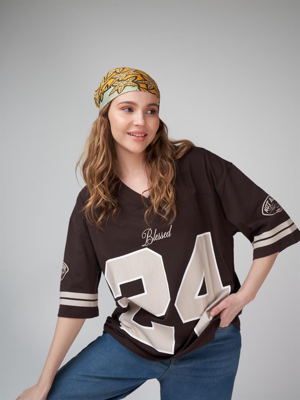 Baskılı Kısa Kol Oversize T-shirt Kahve