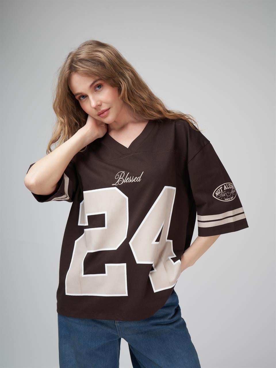 Baskılı Kısa Kol Oversize T-shirt Kahve