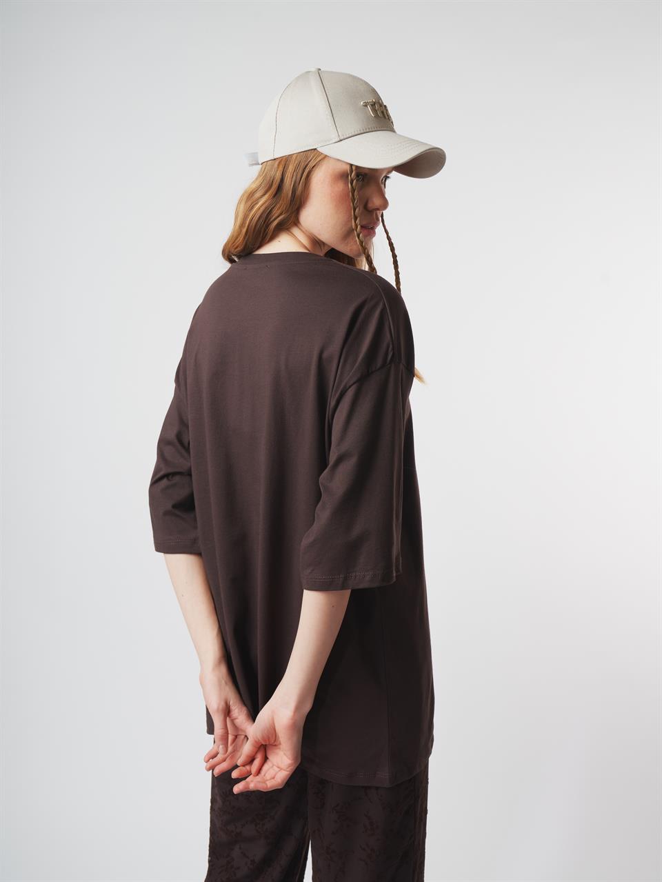 Baskılı Kısa Kol Oversize T-shirt Kahve