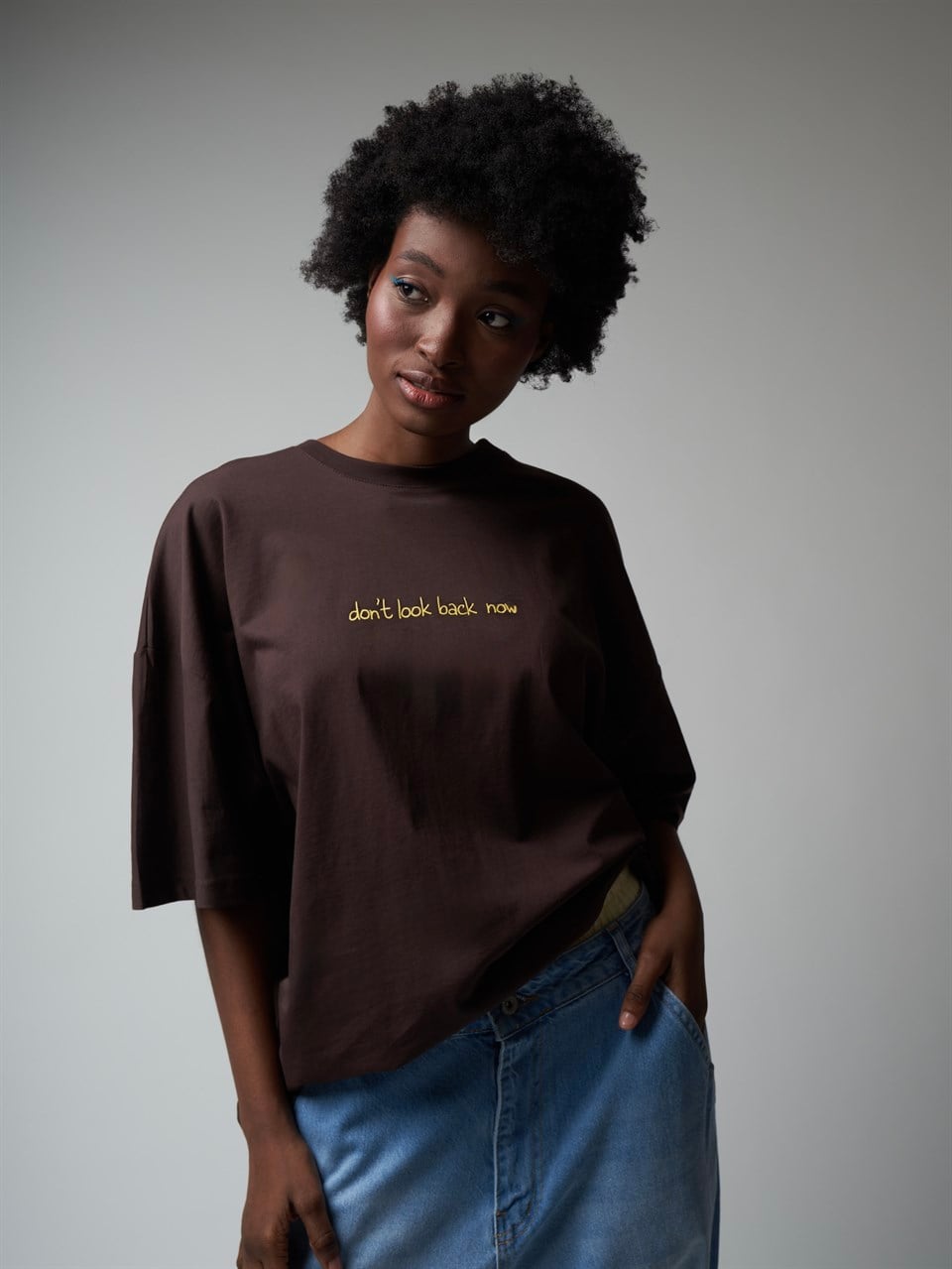 Baskılı Kısa Kol Oversize T-shirt Kahve