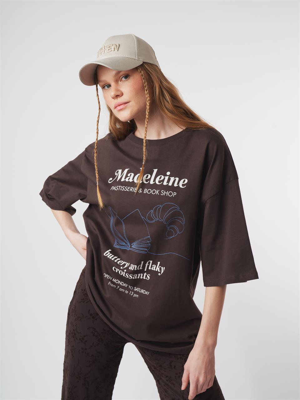 Baskılı Kısa Kol Oversize T-shirt Kahve