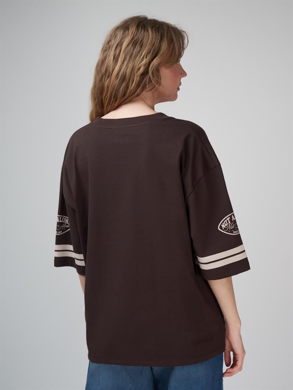 Baskılı Kısa Kol Oversize T-shirt Kahve