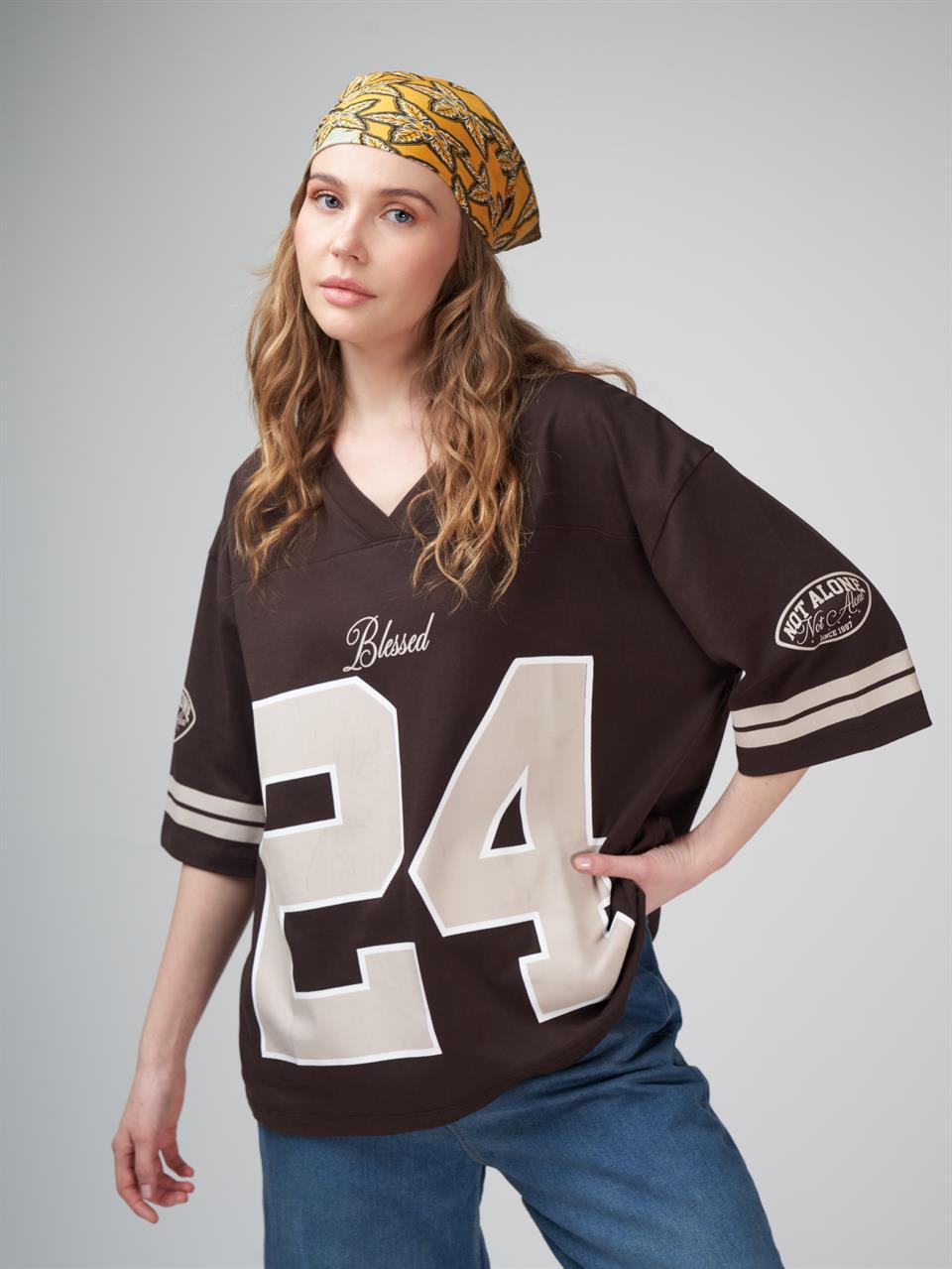 Baskılı Kısa Kol Oversize T-shirt Kahve