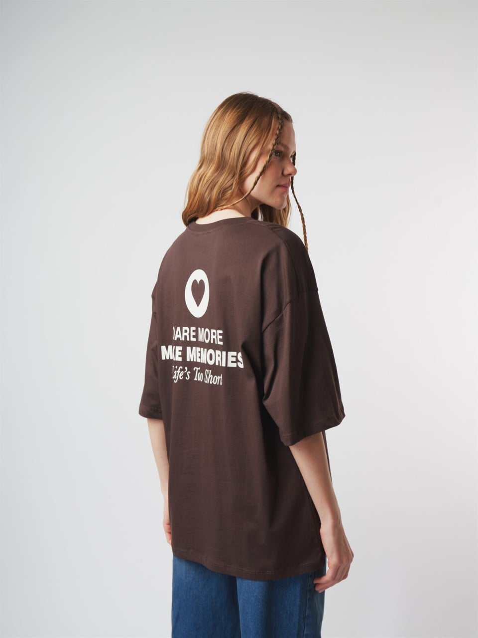 Baskılı Kısa Kol Oversize T-shirt Kahve