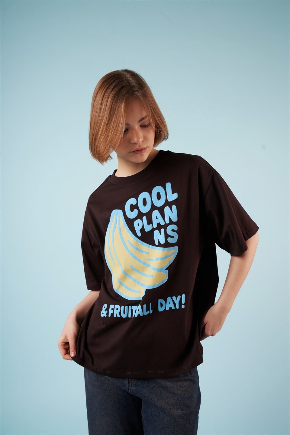 Baskılı Kısa Kol Oversize T-shirt Kahve