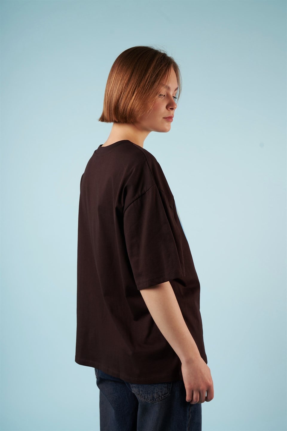 Baskılı Kısa Kol Oversize T-shirt Kahve