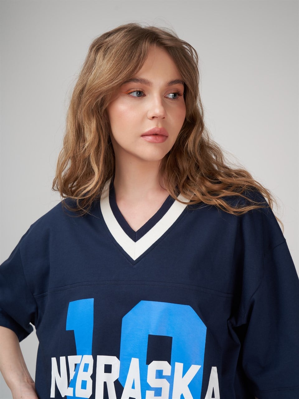 Baskılı Kısa Kol Oversize T-shirt Lacivert
