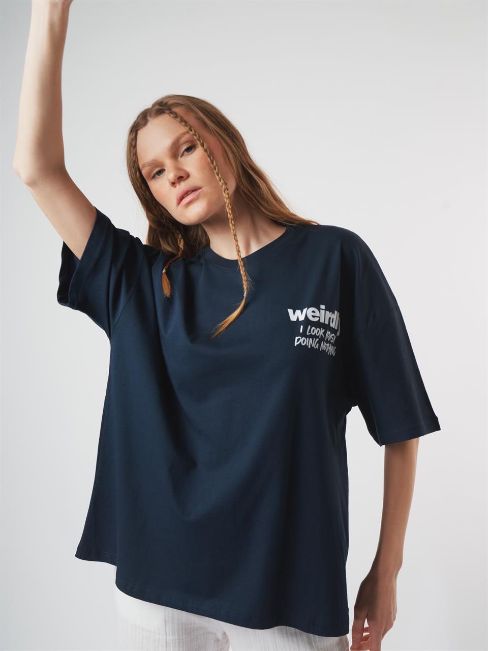 Baskılı Kısa Kol Oversize T-shirt Lacivert