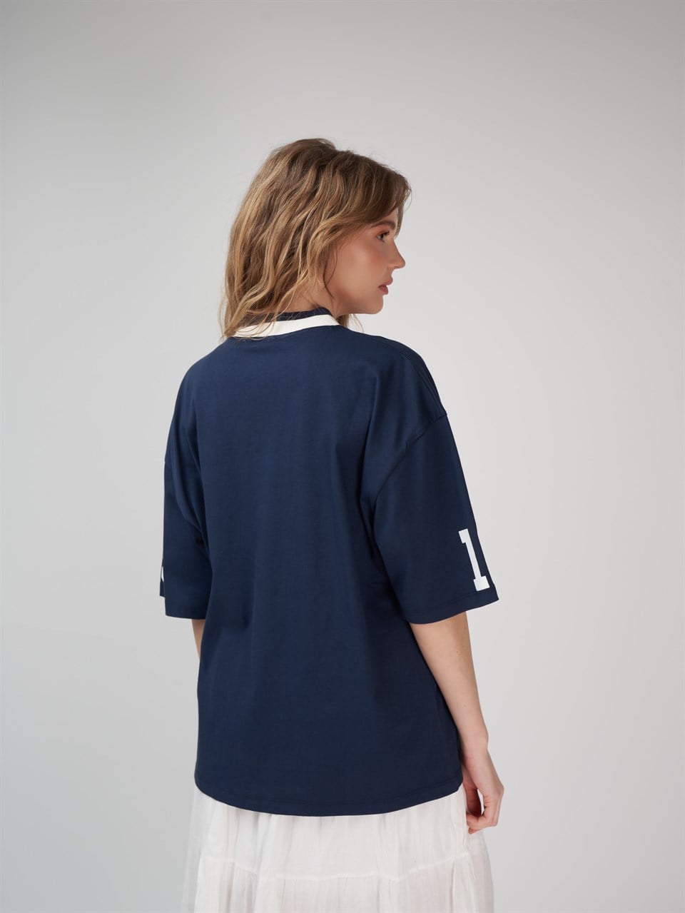 Baskılı Kısa Kol Oversize T-shirt Lacivert