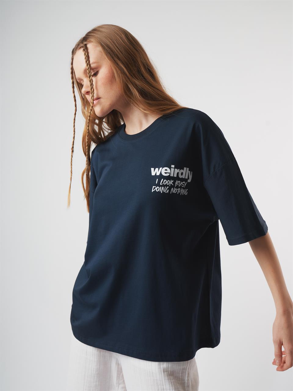 Baskılı Kısa Kol Oversize T-shirt Lacivert