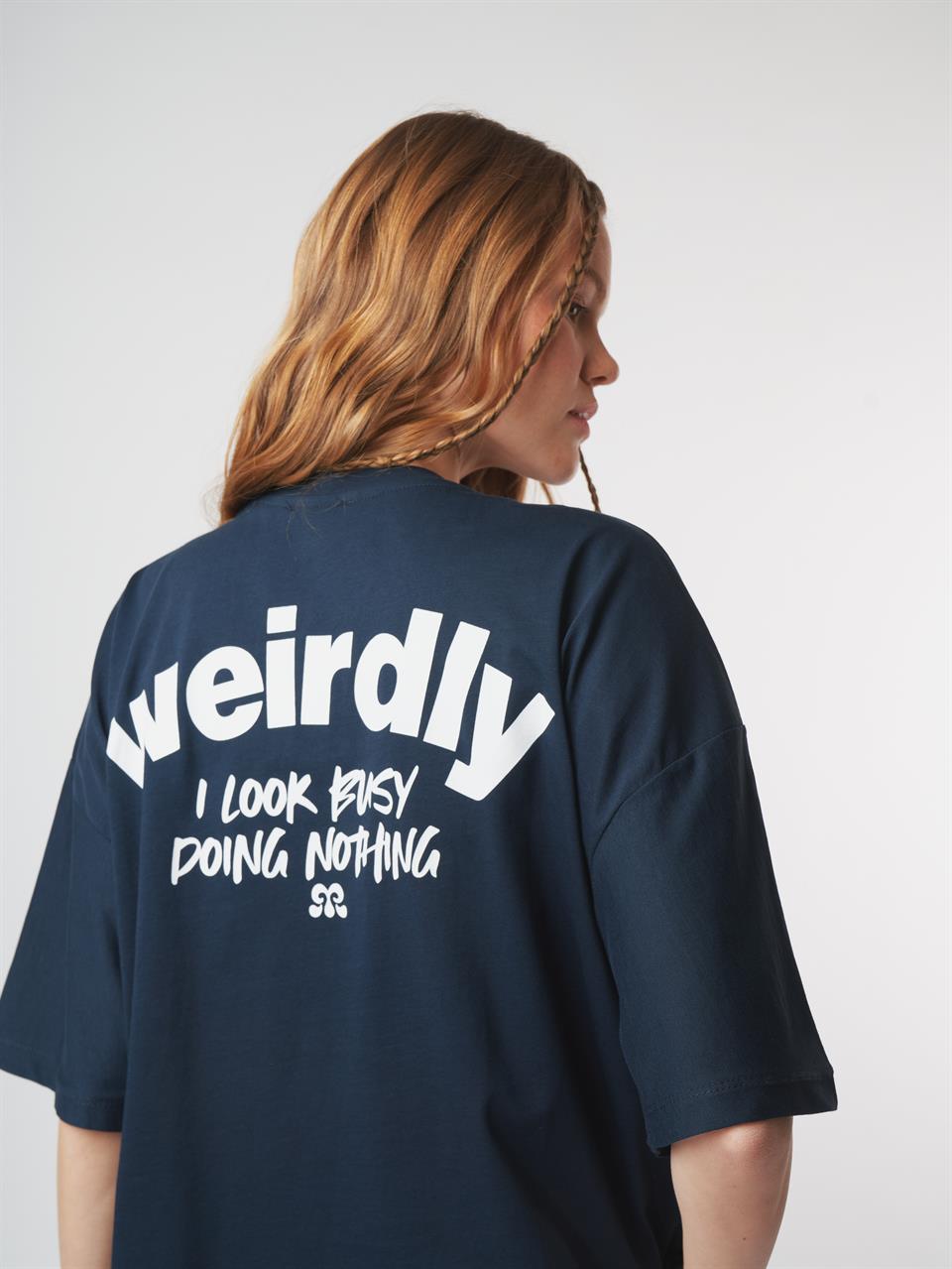 Baskılı Kısa Kol Oversize T-shirt Lacivert