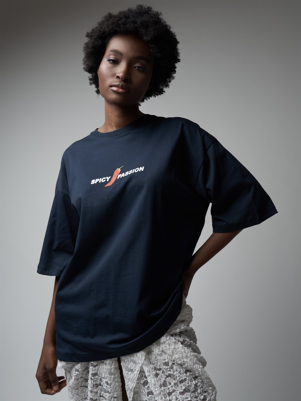 Baskılı Kısa Kol Oversize T-shirt Lacivert