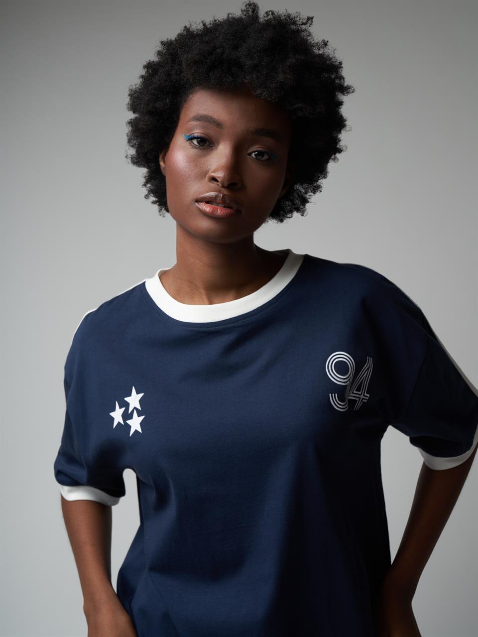 Baskılı Kısa Kol Oversize T-shirt Lacivert