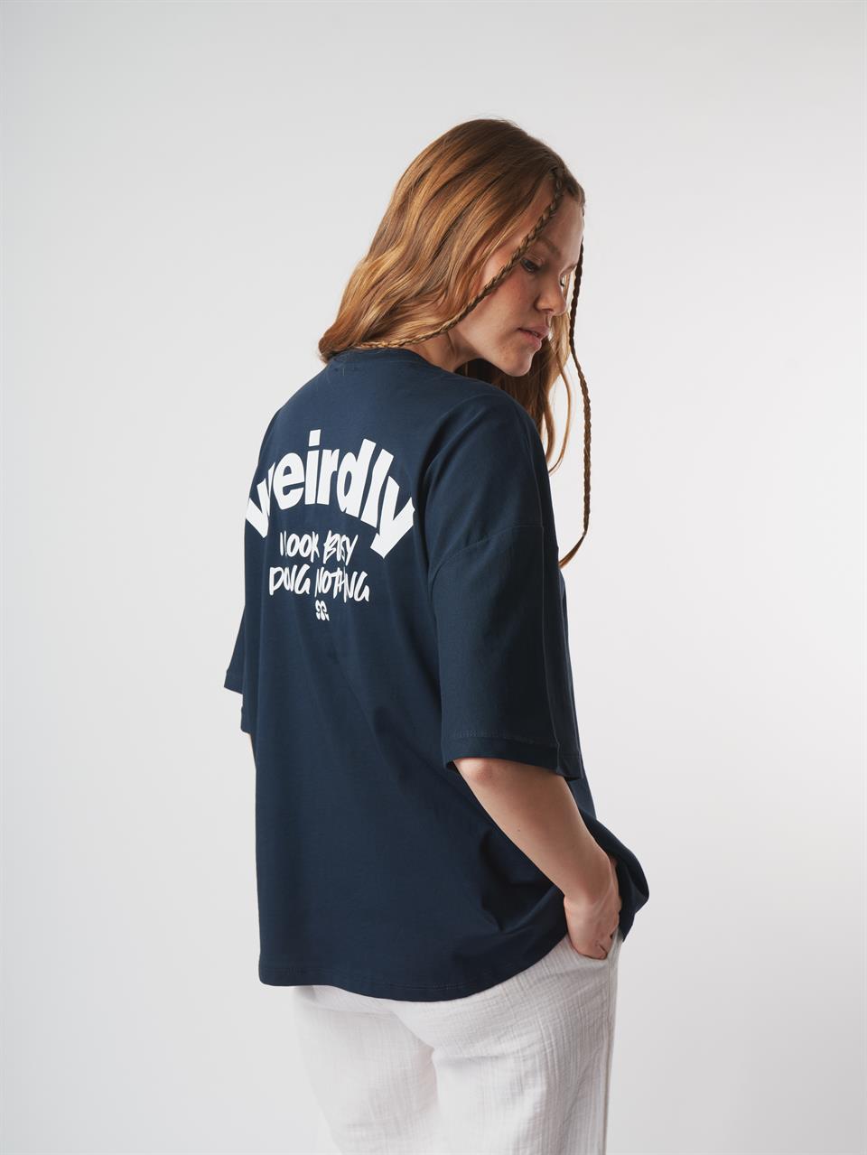 Baskılı Kısa Kol Oversize T-shirt Lacivert