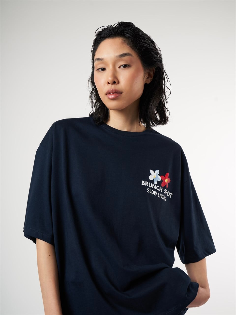 Baskılı Kısa Kol Oversize T-shirt Lacivert