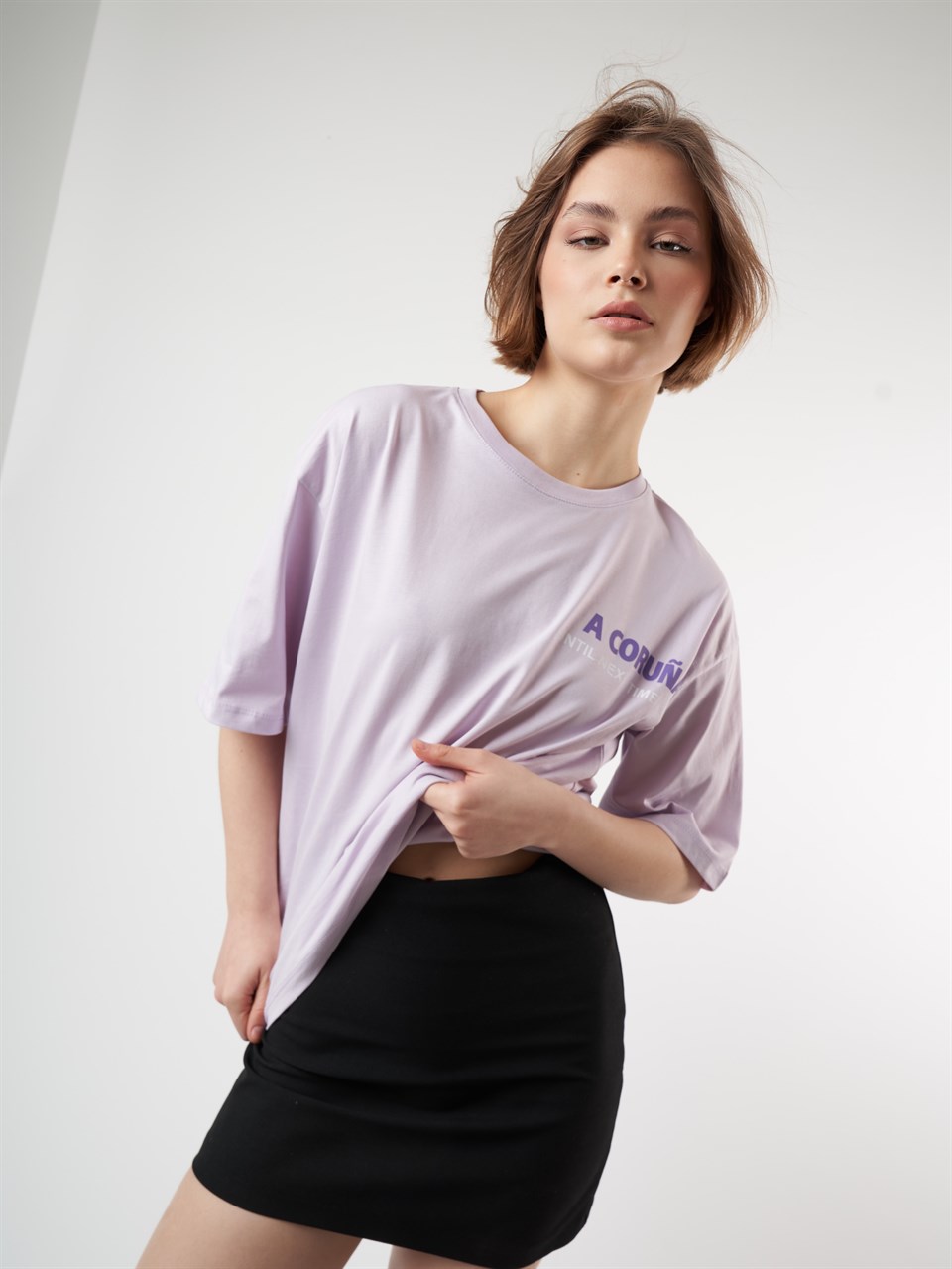 Baskılı Kısa Kol Oversize T-shirt Lila
