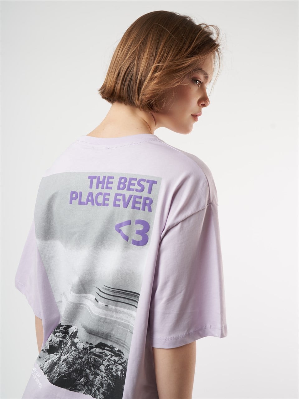 Baskılı Kısa Kol Oversize T-shirt Lila