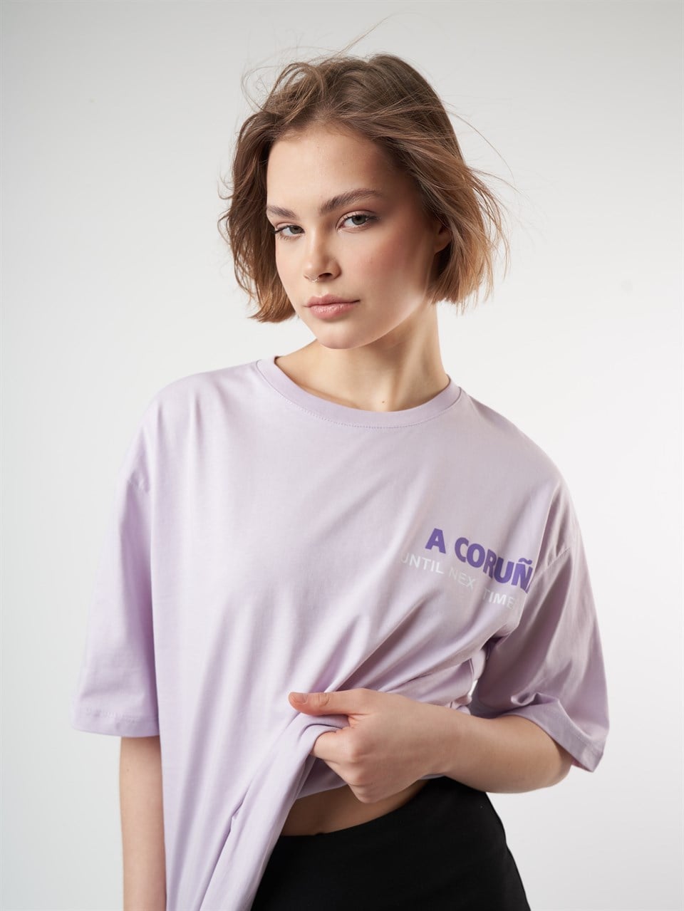 Baskılı Kısa Kol Oversize T-shirt Lila