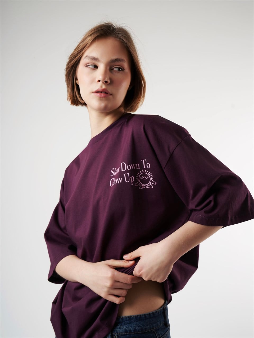Baskılı Kısa Kol Oversize T-shirt Mürdüm