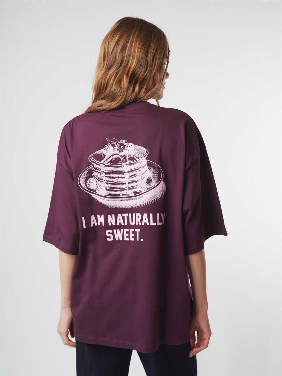 Baskılı Kısa Kol Oversize T-shirt Mürdüm