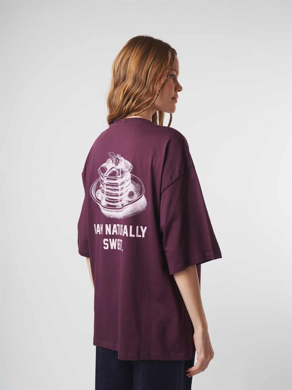 Baskılı Kısa Kol Oversize T-shirt Mürdüm