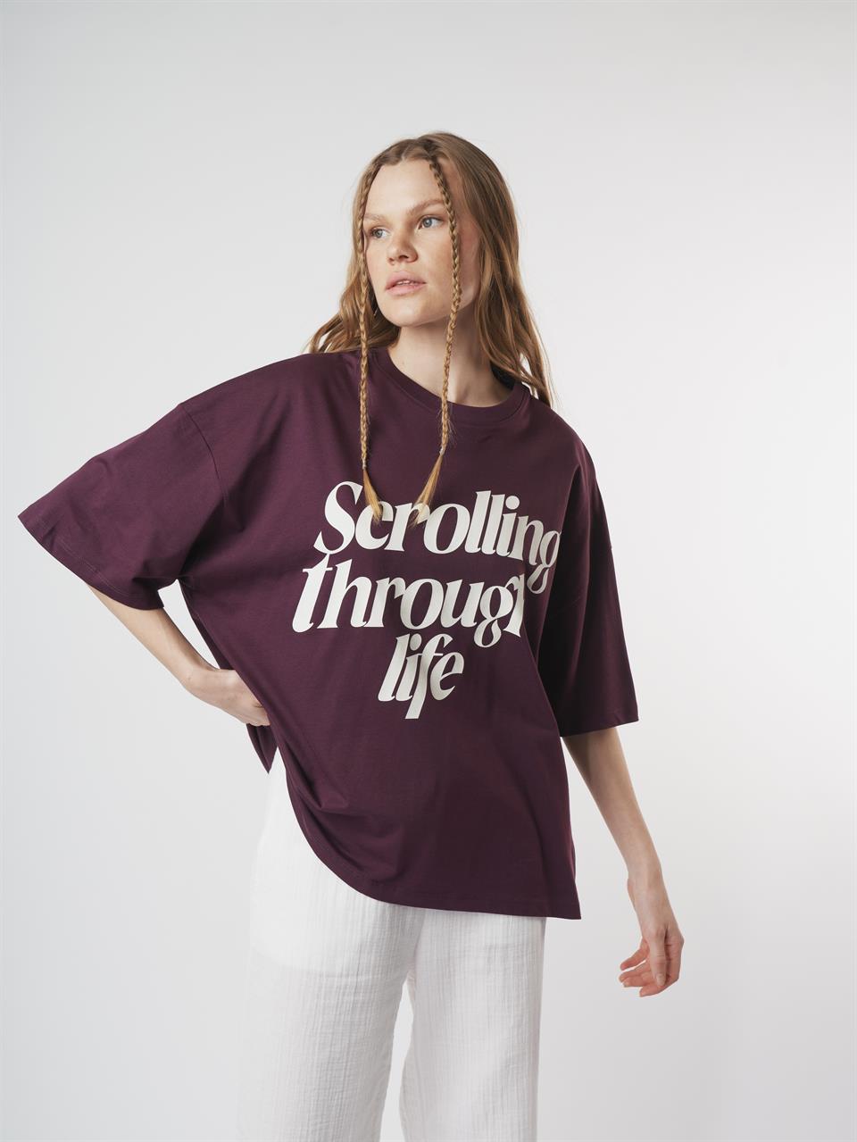 Baskılı Kısa Kol Oversize T-shirt Mürdüm