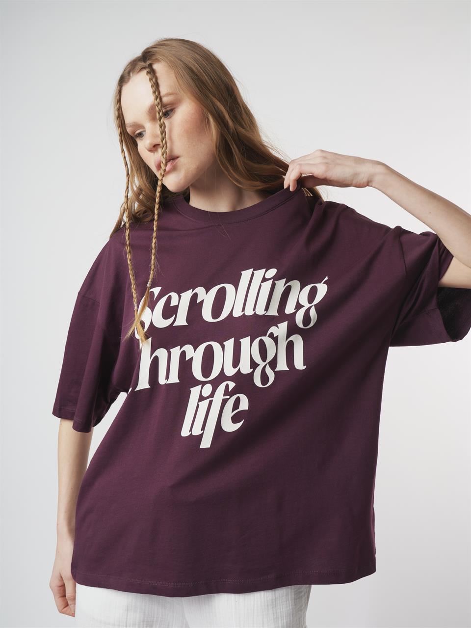 Baskılı Kısa Kol Oversize T-shirt Mürdüm