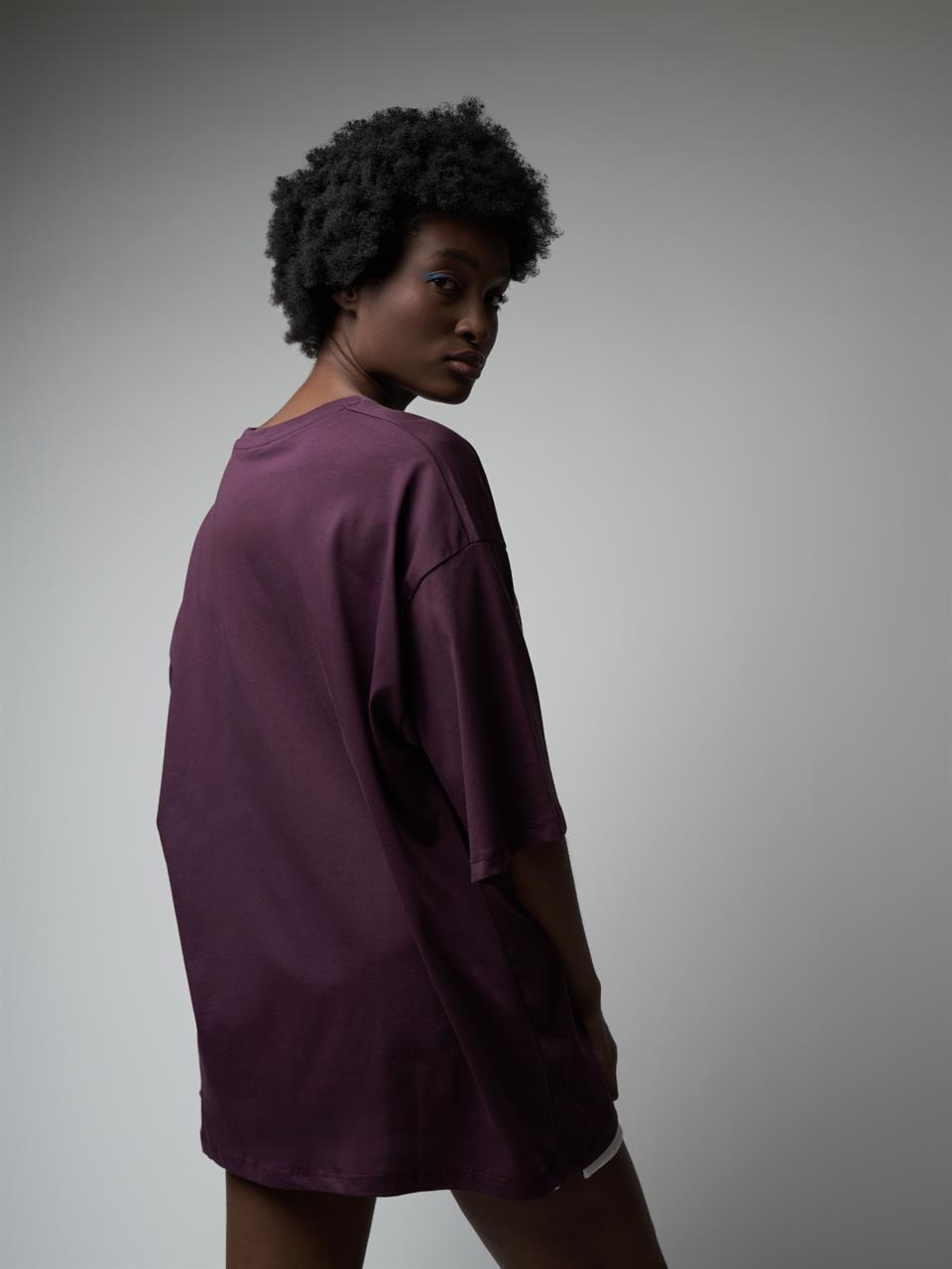 Baskılı Kısa Kol Oversize T-shirt Mürdüm