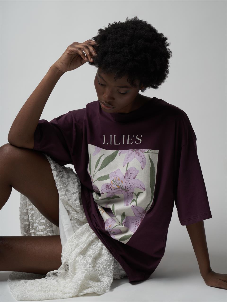 Baskılı Kısa Kol Oversize T-shirt Mürdüm