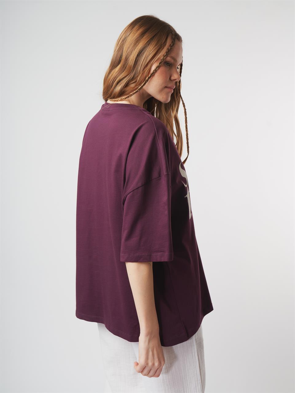 Baskılı Kısa Kol Oversize T-shirt Mürdüm