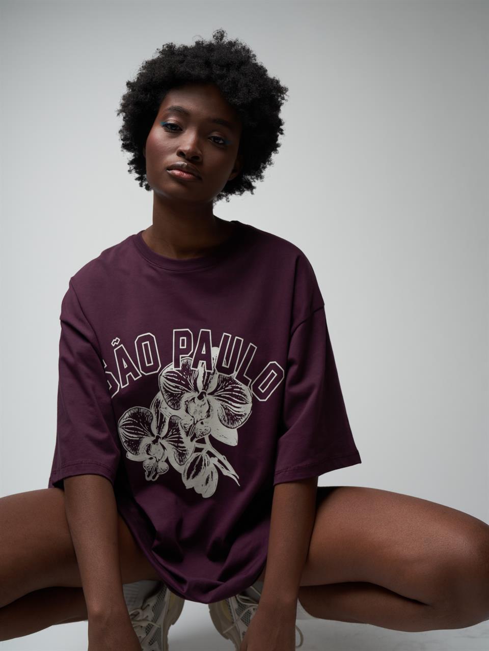 Baskılı Kısa Kol Oversize T-shirt Mürdüm