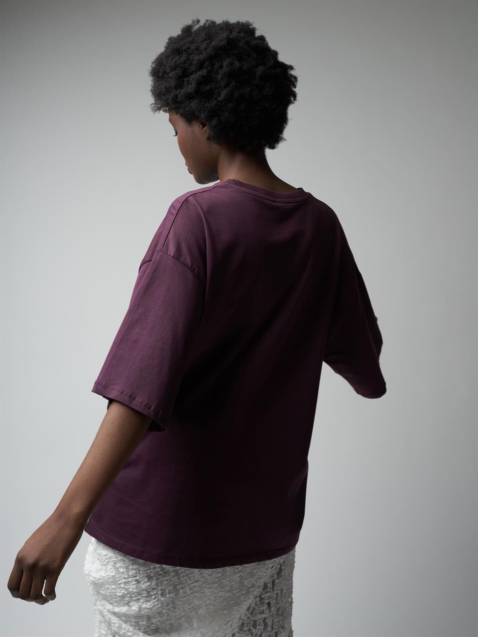 Baskılı Kısa Kol Oversize T-shirt Mürdüm