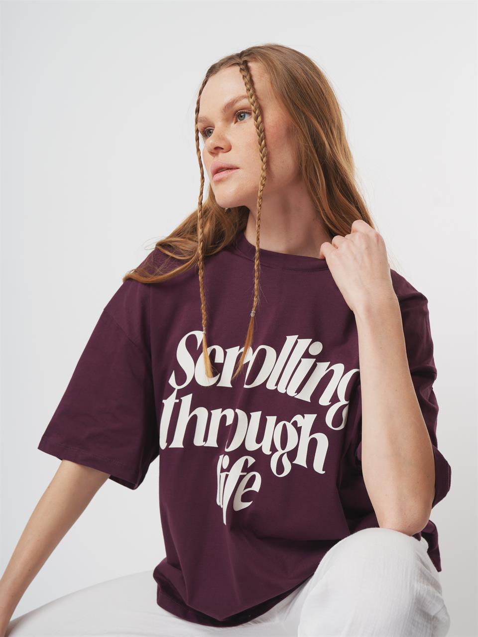 Baskılı Kısa Kol Oversize T-shirt Mürdüm