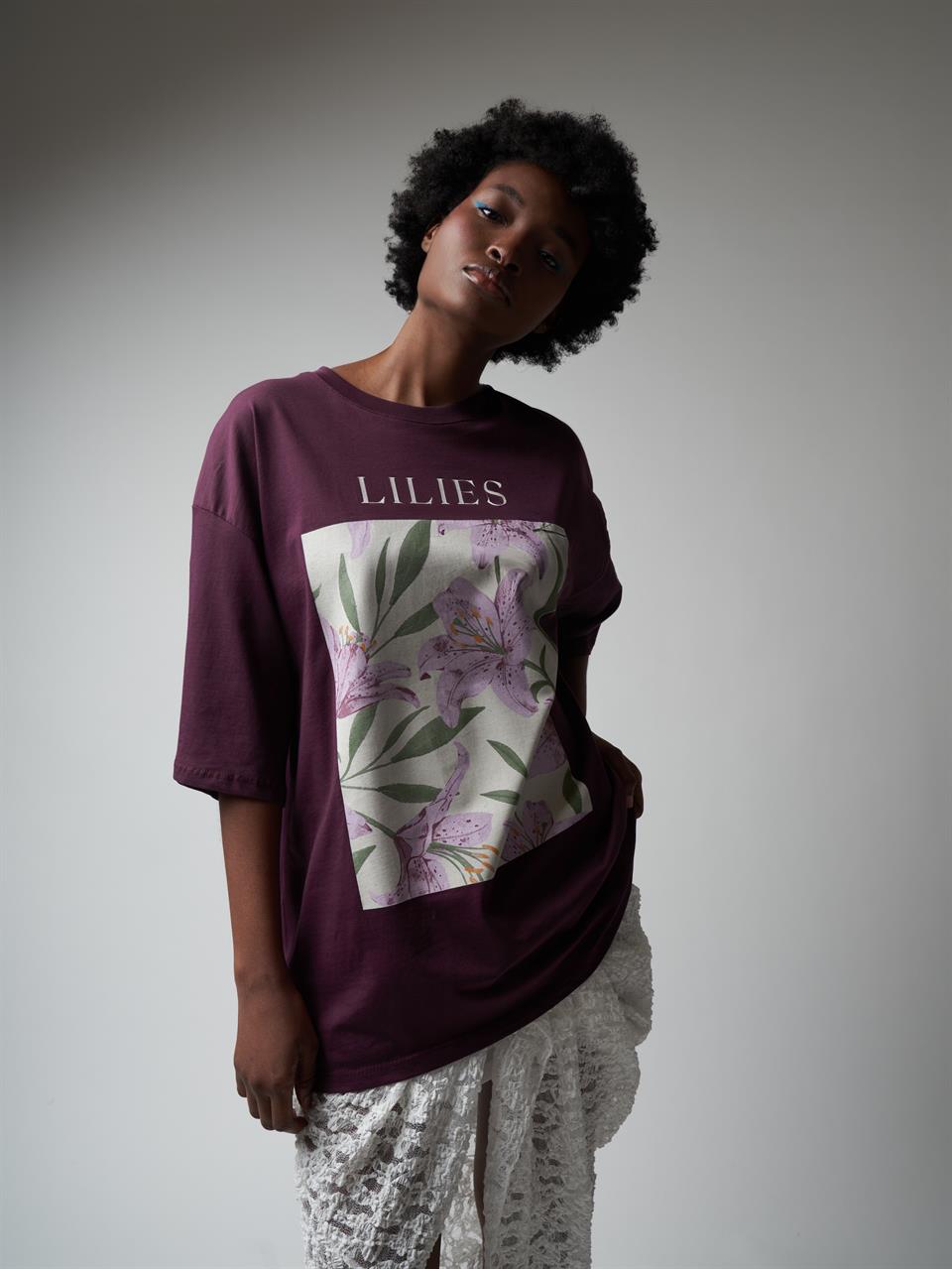 Baskılı Kısa Kol Oversize T-shirt Mürdüm