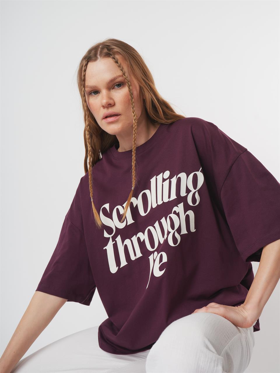 Baskılı Kısa Kol Oversize T-shirt Mürdüm
