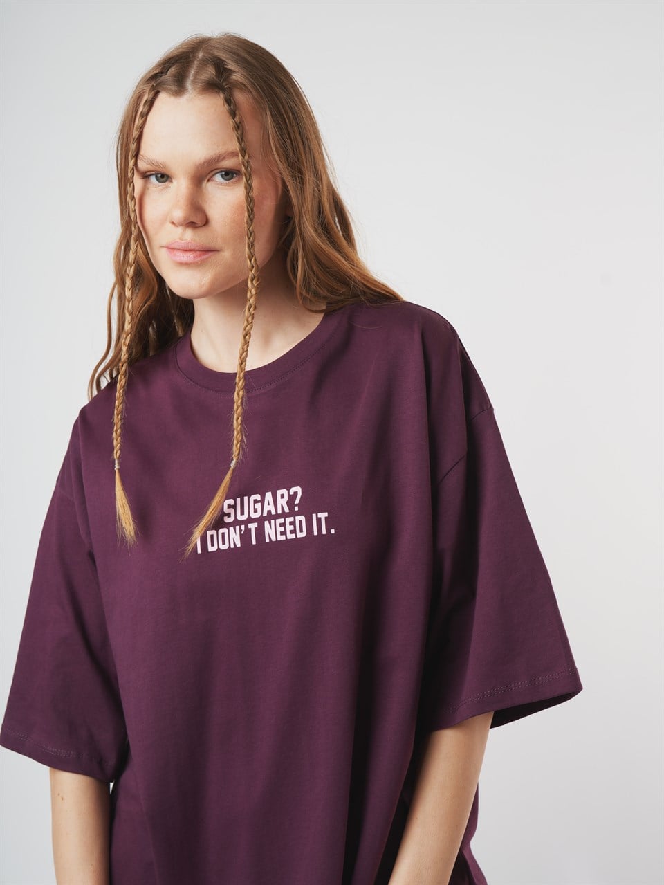Baskılı Kısa Kol Oversize T-shirt Mürdüm