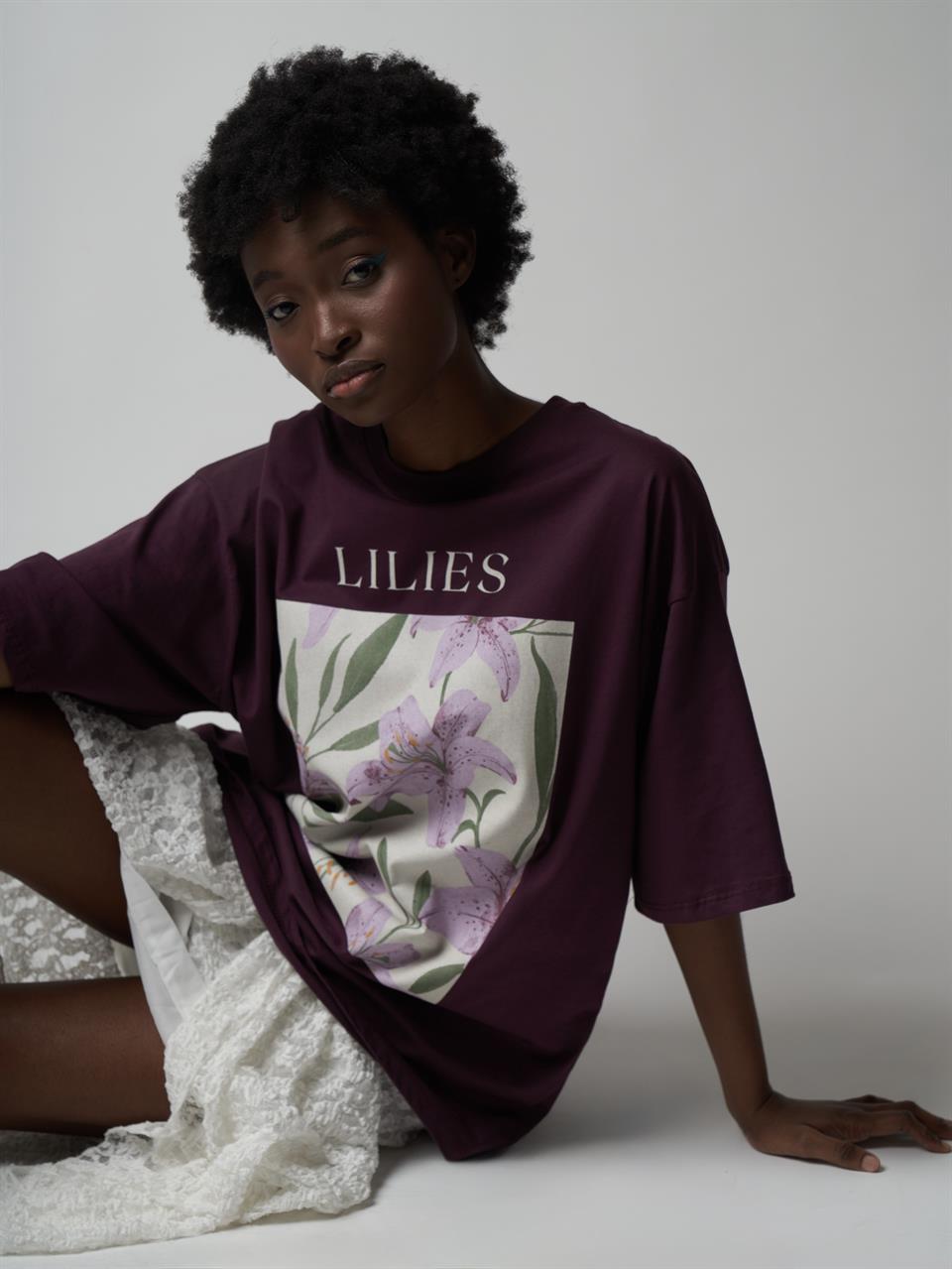 Baskılı Kısa Kol Oversize T-shirt Mürdüm