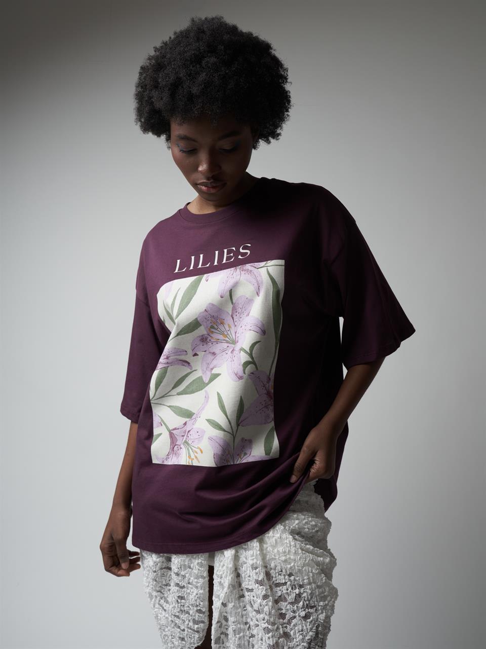 Baskılı Kısa Kol Oversize T-shirt Mürdüm