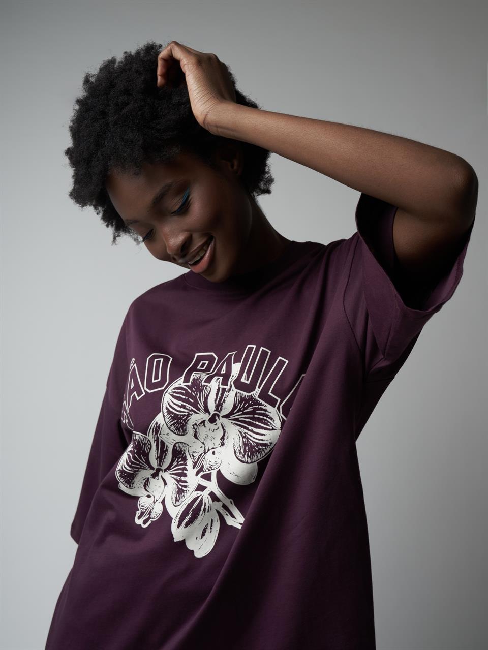 Baskılı Kısa Kol Oversize T-shirt Mürdüm