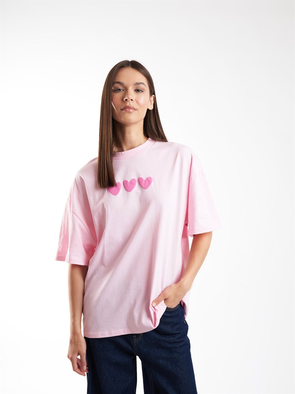 Baskılı Kısa Kol Oversize T-shirt Pembe