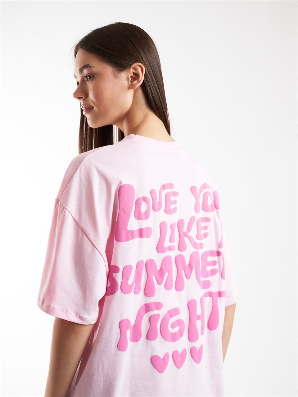 Baskılı Kısa Kol Oversize T-shirt Pembe