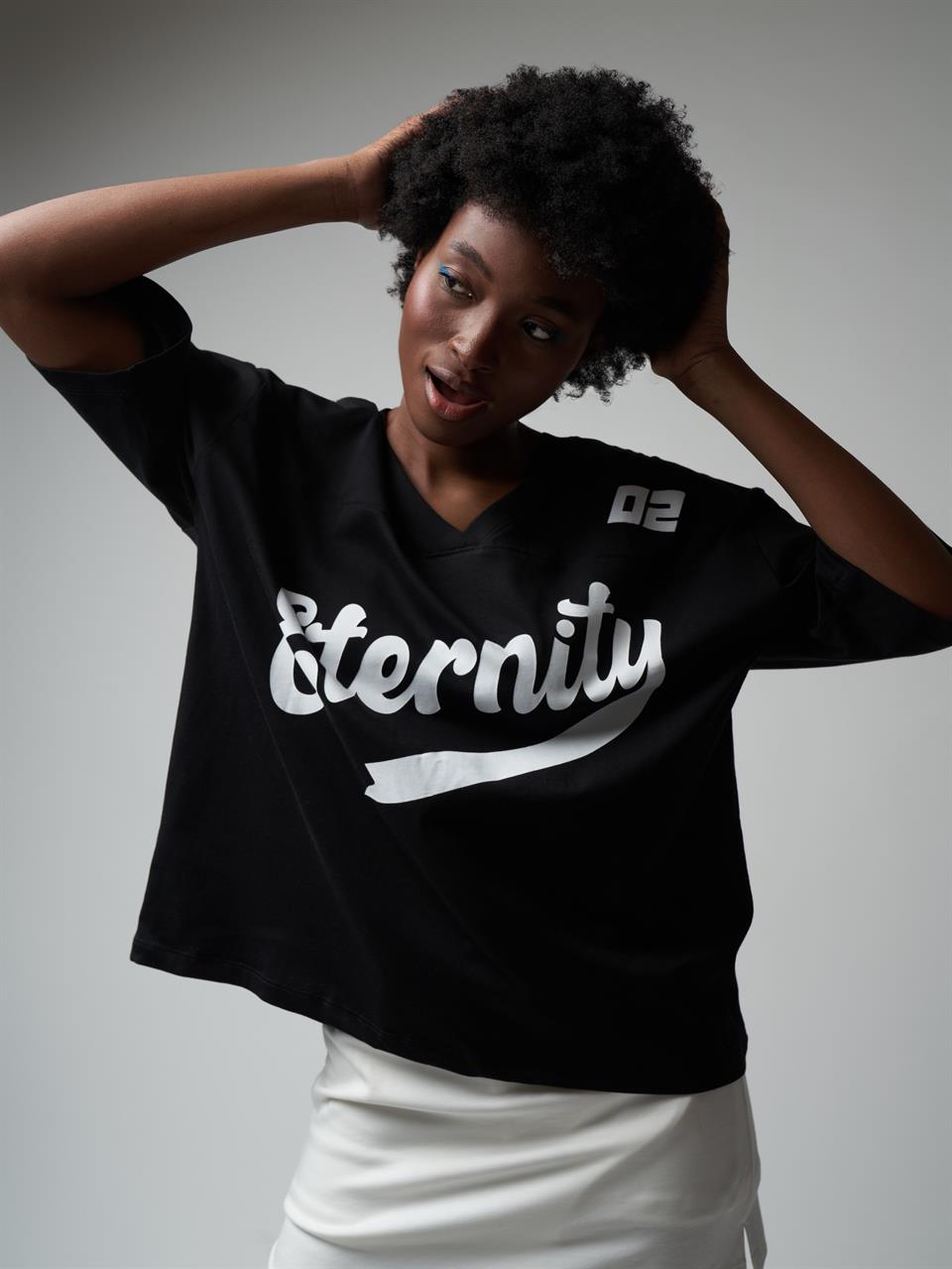 Baskılı Kısa Kol Oversize T-shirt Siyah