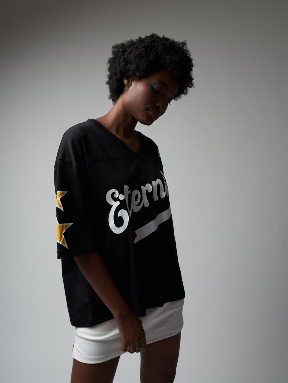 Baskılı Kısa Kol Oversize T-shirt Siyah