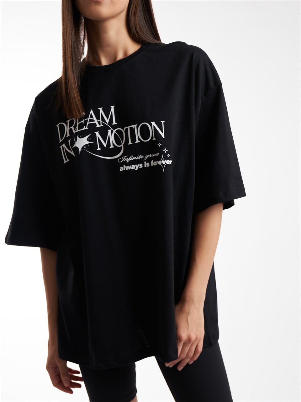 Baskılı Kısa Kol Oversize T-shirt Siyah