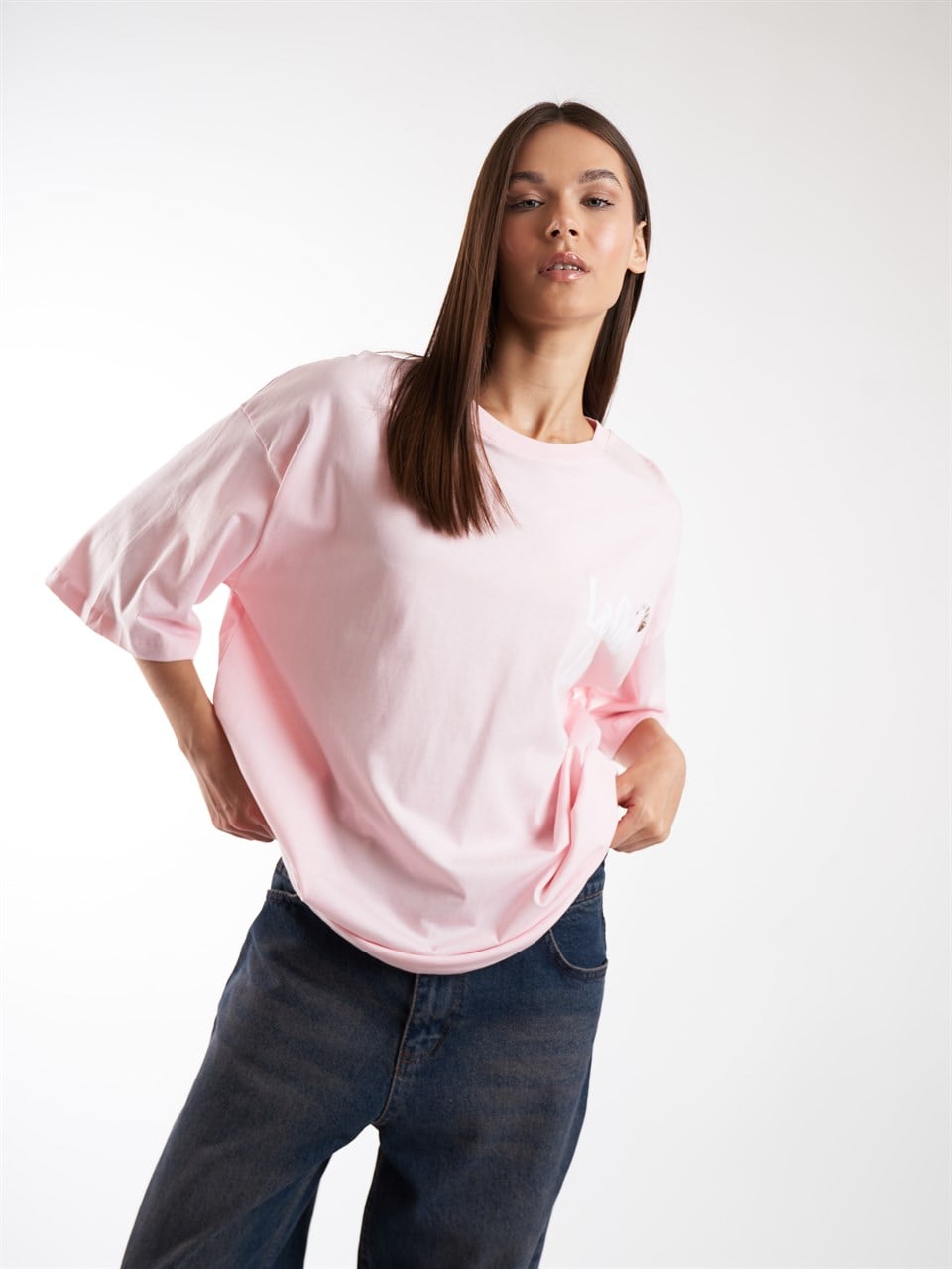 Baskılı Kısa Kol Oversize T-shirt Toz Pembe